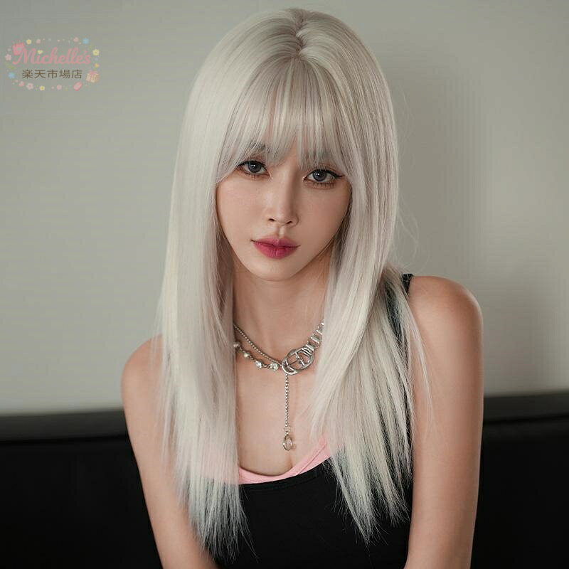 ウィッグ レディース 女性用 ロング ストレート シルバー ホワイト 銀髪 フルウィッグ 全頭 ぱっつん前髪 耐熱ファイバー 人工毛 自然 快適 通気性 ふんわり どんな肌色 顔型にもメーカー希望小売価格はメーカーサイトに基づいて掲載しています