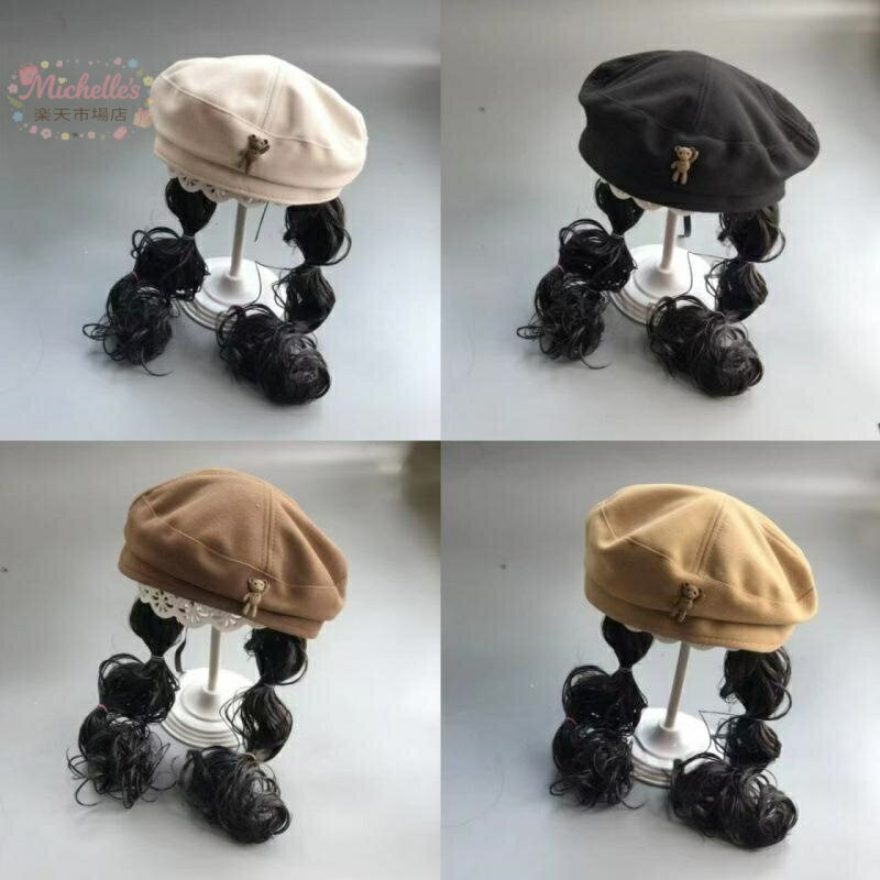 樂天商城 - ベレー帽 ベビー キッズ 女の子 ウィッグ付き おしゃれ かわいい 画家風 韓国ファッション ロングヘア 春秋 お出かけ用 普段使い フォーマル イベント プレゼント 接触冷感 カーキ ブラック オフホワイト