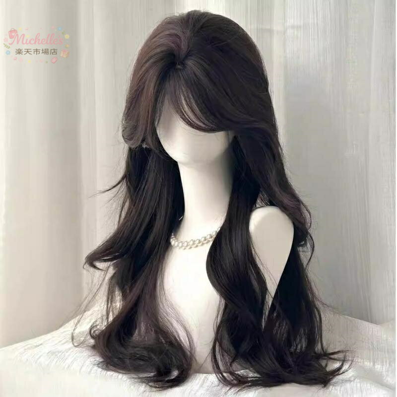 乐天商城 - ウィッグ レディース ヘアネット不要 センター分け 八の字バング ロング 巻き髪 黒茶色 デイリーユース 軽量 自然 頭頂部カバー ボリュームアップ 耐熱ファイバー 人工毛