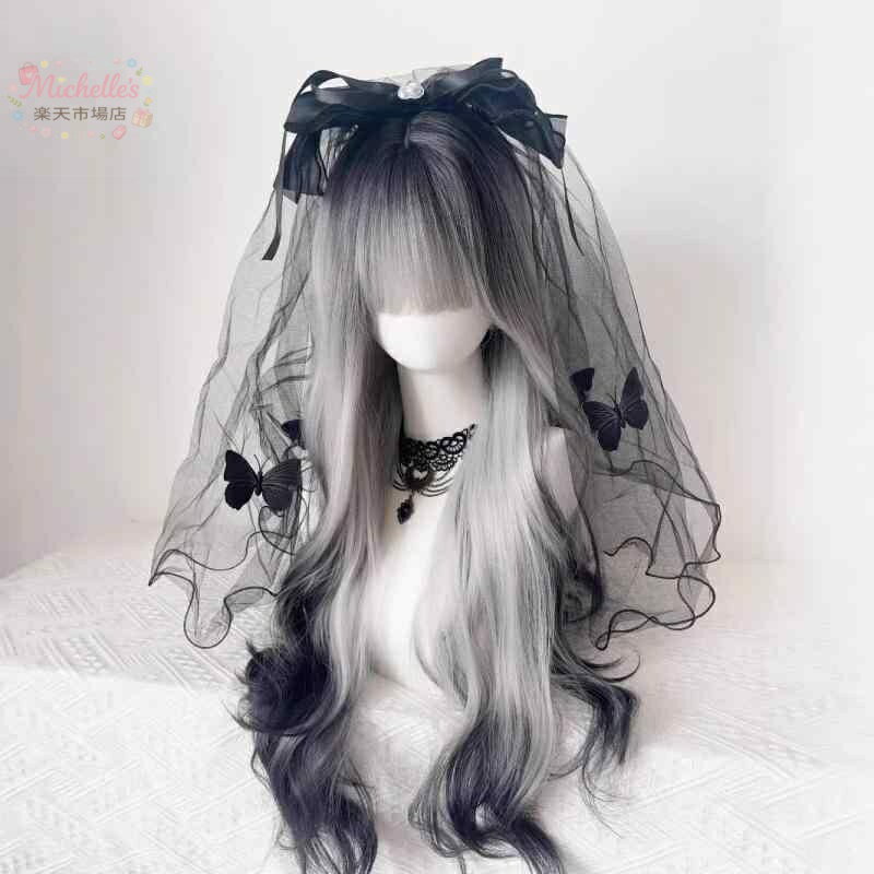 樂天商城 - ウィッグ レディース 女性用 ロングカール 黒白グラデーション ウェーブ ゆるふわ ロリータ ゴシック コスプレ フルウィッグ ぱっつん前髪 耐熱ファイバー 小顔効果