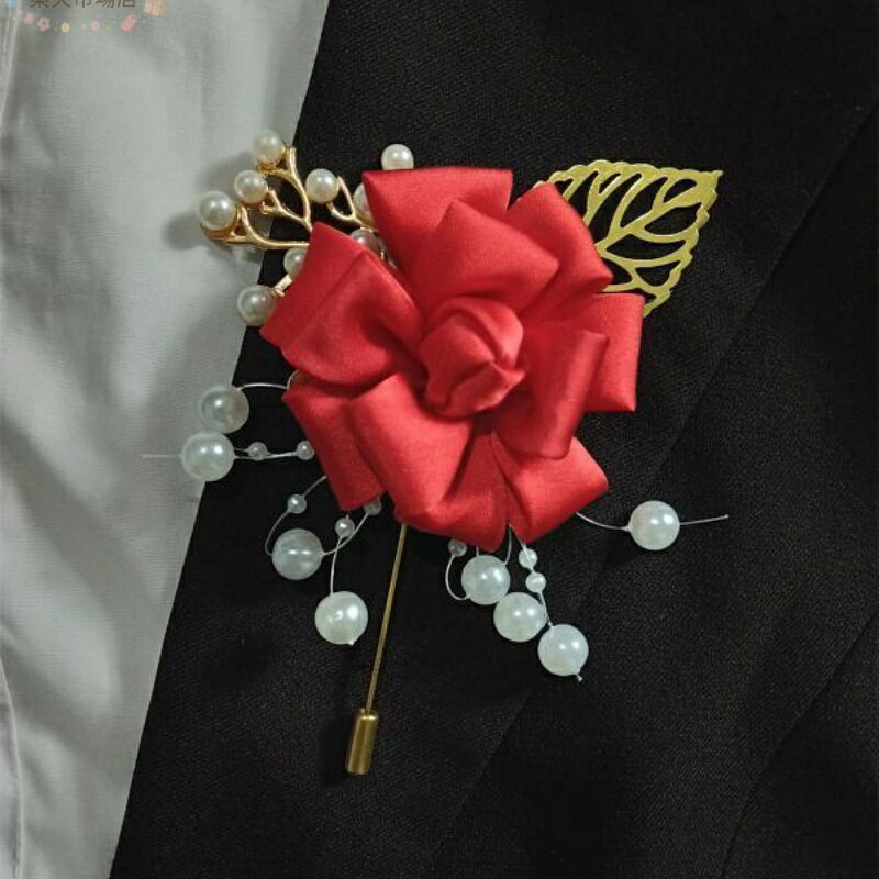 michelles楽天市場店のブローチ 男女兼用 結婚式 新郎新婦 スーツ ラペルピン コサージュ ローズ バラ 造花 フェイクフラワー サテン アクセサリー フォーマル パーティー レッド系 ブラック ワインレッド シャンパン グレー ピンク｜アングル2