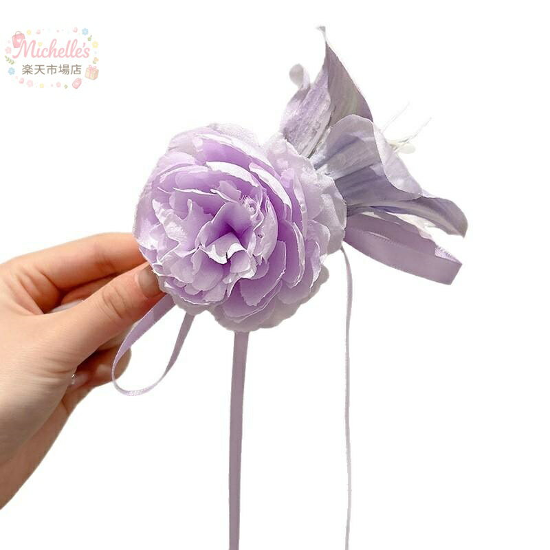樂天商城 - ヘアクリップ レディース 紫 シャクヤク 花 モチーフ リボン 蝶結び 森系 スイート 造花 一文字 手作り 花? 夏 ファッション 雰囲気 アクセサリー
