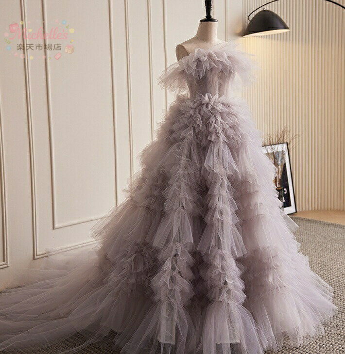 乐天商城 - ウェディングドレス お姫様 花嫁ドレス カラードレス 結婚式 前撮り 誕生日 演奏会 きれいめ オフショルダー ロング丈 高級感 多重チュール フォトウェディング撮影 ピアノ 発表会 パーティードレス 二次会 披露宴 発表会 舞台 成人式 トレーンドレス 写真撮影