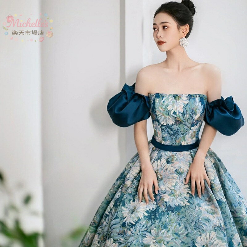樂天商城 - イブニングドレス 演奏会ドレス ブルー オフショルダー 花柄 オシャレ ロングドレス 発表会ドレス プリント花柄 素敵 キレイめ パーティードレス 結婚式ドレス 二次会ドレス Aライン S M L XL XXL XXXL XXXXL
