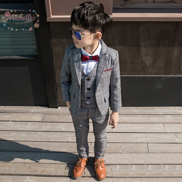 乐天商城 - 子供スーツ グレー チェック柄 6点セット 入学式 卒業式 スーツ 男の子 タキシード 礼服 結婚式 子供服 子どもスーツ キッズスーツ ピアノ発表会 演奏会 ジュニア服 ジャケット＋ベスト＋シャツ＋ズボン＋蝶ネクタイ＋ネクタイ 90~160cm