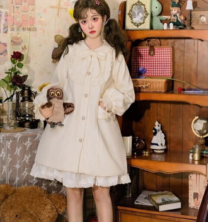 樂天商城 - ダッフルコート かわいい ロリータ コート 春秋冬スリーシーズン ミドル丈 チェスターコート お姫様 Aライン 膝丈 可愛い 前開き リボン フリル レディース 大人 女子 ロリータ服