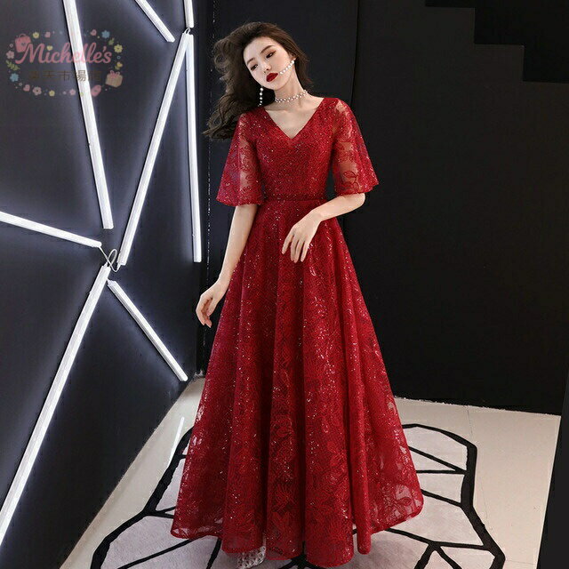乐天商城 - 【楽天スーパーSALE】ワイン赤 結婚式ドレス 二次会ドレス スパンコールドレス キラキラドレス イブニングドレス 素敵 キレイめ 発表会ドレス Aライン ロングドレス Vネック 袖あり ゲストドレス 20代 30代 編み上げ