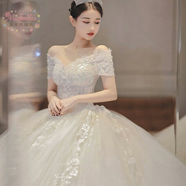 乐天商城 - 【楽天スーパーSALE】ウェディングドレス オフショルダー トレーンドレス 結婚式ドレス レース チュール 二次会ドレス Vネック ホワイトドレス ロング ブライダルドレス 披露宴 ドレス 編み上げ