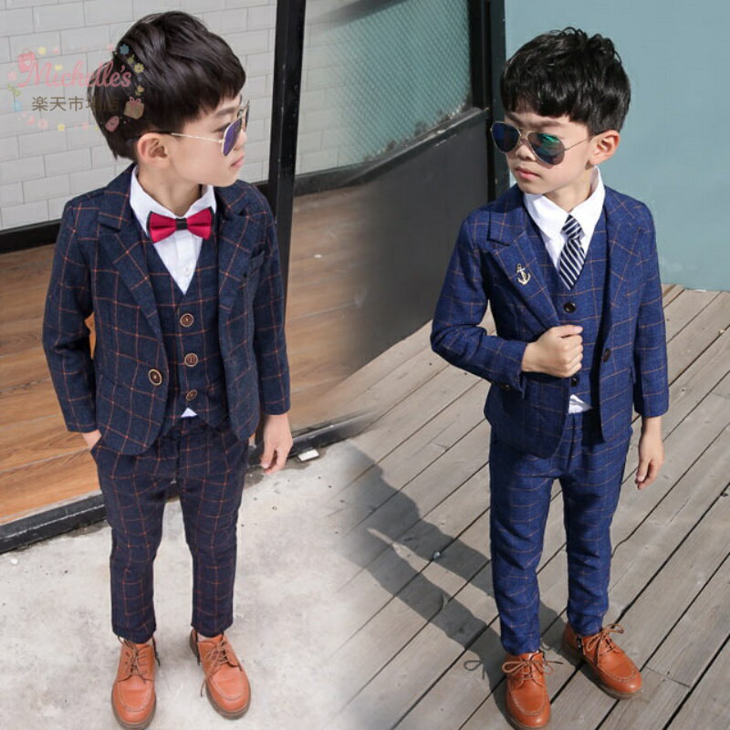 乐天商城 - 【楽天スーパーSALE】子供スーツ チェック ネイビー 4点セット スーツ 男の子 入学式 卒業式 子供服 タキシード 結婚式 グレー キッズスーツ ピアノ発表会 演奏会 男児 スーツ 礼服 ジャケット＋ベスト＋ズボン＋蝶ネクタイ