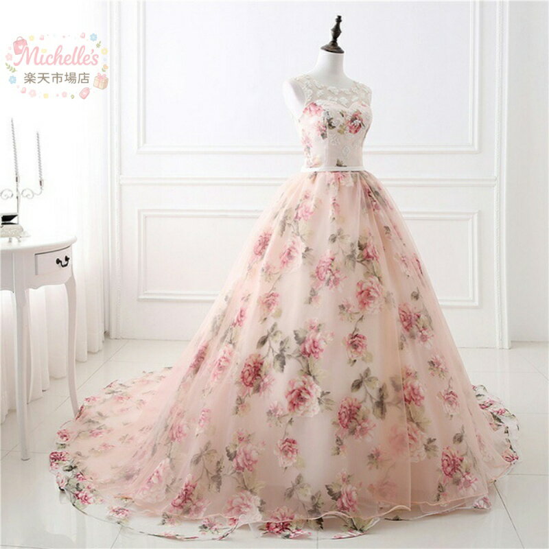 樂天商城 - 演奏会ドレス ノースリーブ プリント花柄 発表会ドレス ピンク オシャレ キレイめ イブニングドレス 花柄 20代 30代 トレーンドレス レース 編み上げ ロングドレス コンサート 二次会ドレス 結婚式ドレス パーティードレス