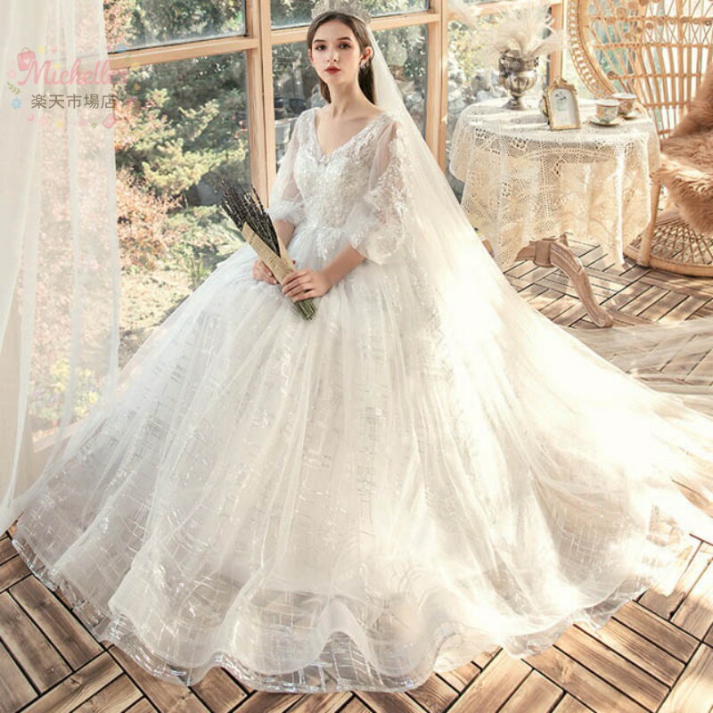 樂天商城 - 大きいサイズ ウェディングドレス 袖あり スパンコール ドレス 白 ブライダルドレス Vネック ロング ホワイトドレス 結婚式ドレス フォーマル 二次会ドレス 花嫁ドレス パフスリーブ ロマンチック 披露宴