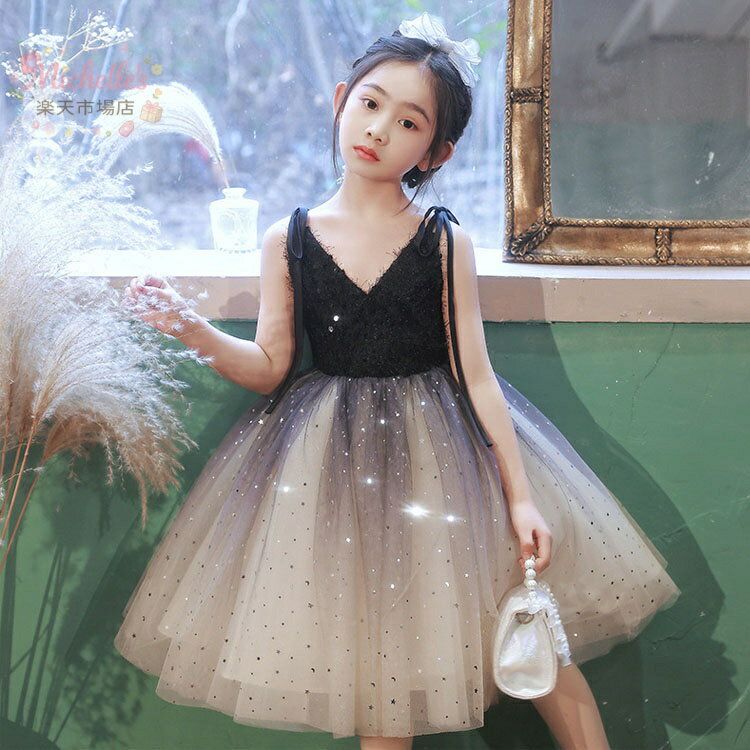 樂天商城 - 子供ドレス 黒 ブルー ショート丈 女児ドレス 星柄 可愛い キャミドレス Vネック キッズドレス 女の子ドレス 誕生日 ギフト プレゼント 子どもドレス ピアノ発表会 演奏会 スパンコール キラキラ 演出服 100 110 120 130 140 150 160