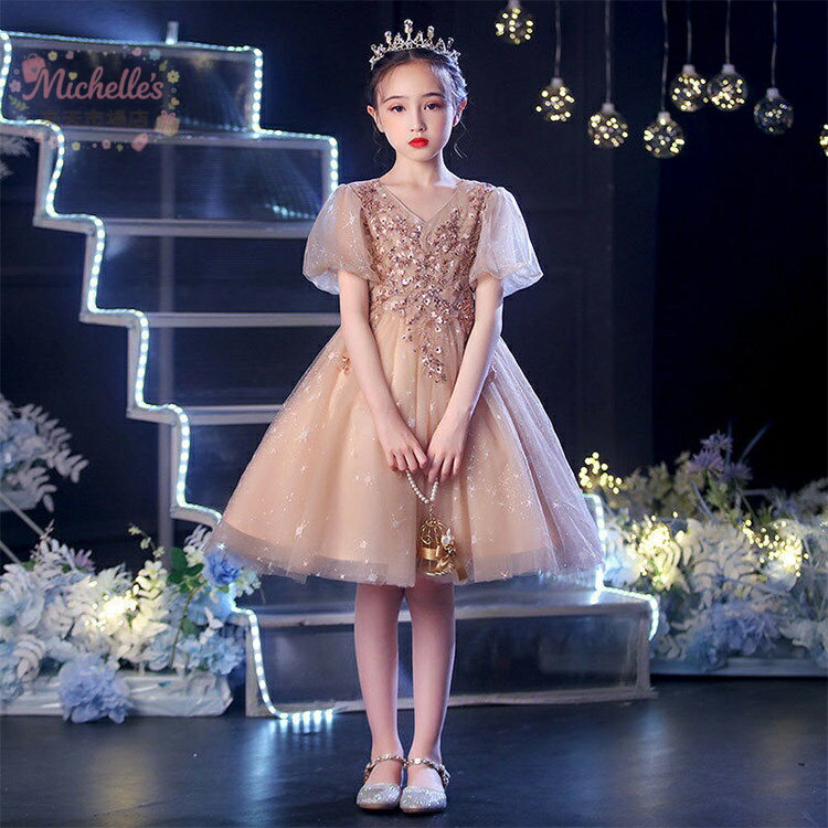 樂天商城 - 【楽天スーパーSALE】子供ドレス パフスリーブ 膝丈 女児ドレス 可愛いドレス ピアノ発表会 演奏会 キッズドレス 入学式 卒業式 コーヒー色 七五三ドレス 女の子 半袖 子どもドレス スパンコール ビーズ 演出服 ステージド