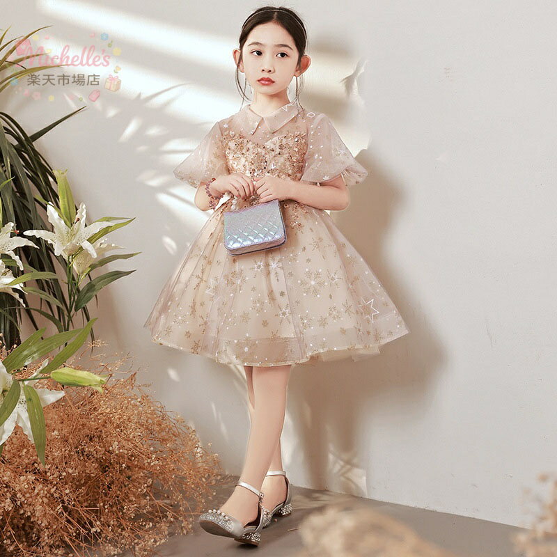 樂天商城 - 子供ドレス パープル ショート丈 女児ドレス 結婚式 七五三ドレス 星柄 女の子ドレス 折り襟 パフスリーブ 可愛い キッズドレス 子どもドレス ピアノ発表会 演奏会 ドレス フォーマル プレゼント ギフト 100~160cm