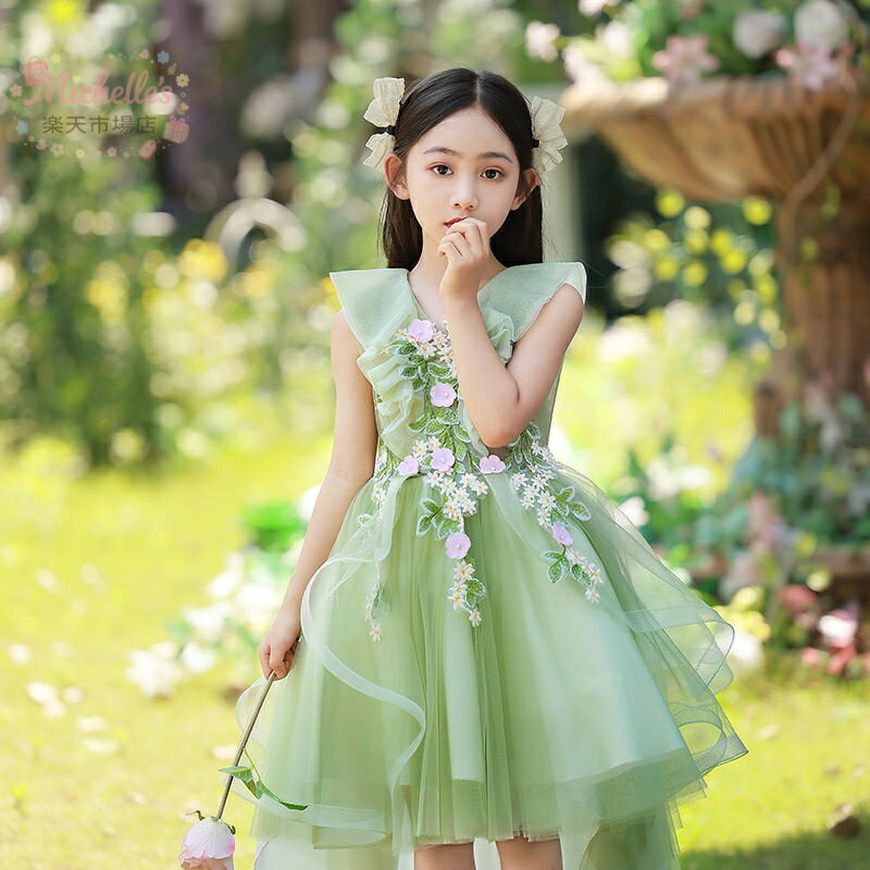 乐天商城 - 子供ドレス グリーン 花柄 ピアノ発表会ドレス 演奏会ドレス 女児ドレス ショート丈 ロング丈 お花 可愛い 女の子ドレス 七五三ドレス ショート キッズドレス 結婚式 パーティー 80~160cm