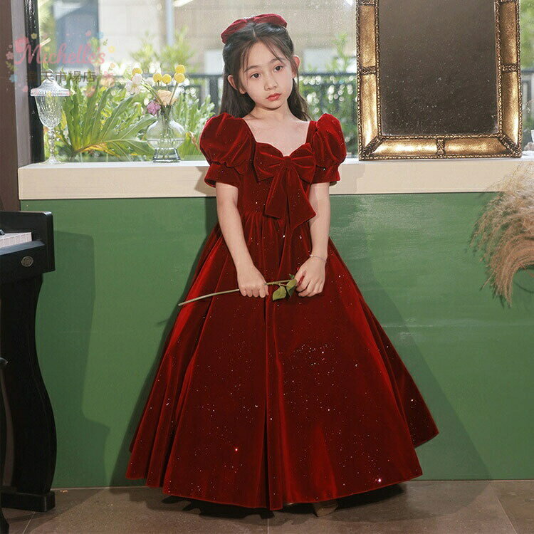 樂天商城 - ピアノ発表会ドレス ロング 子供ドレス ワイン赤 ベロア ベルベット パフスリーブ リボン オシャレ 可愛い 女児ドレス ワインレッド クリスマス 半袖 長袖 2タイプ キッズドレス 100~170cm