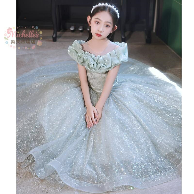 樂天商城 - 子供ドレス グリーン ピアノ発表会ドレス ロングドレス シャンパン色 女児ドレス 演奏会ドレス パール 子供ドレス ピアノ発表会 演奏会 ロング キッズドレス フォーマル 100~160cm