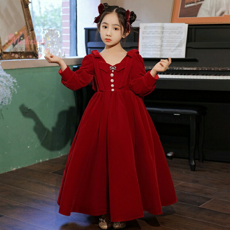樂天商城 - 子供ドレス ロングドレス ワイン赤 ベロア ベルベット リボンパールボタン オシャレ 女児ドレス ワインレッド パフスリーブ バックリボン 女の子ドレス キッズドレス ピアノ発表会 演奏会ドレス 110~160cm