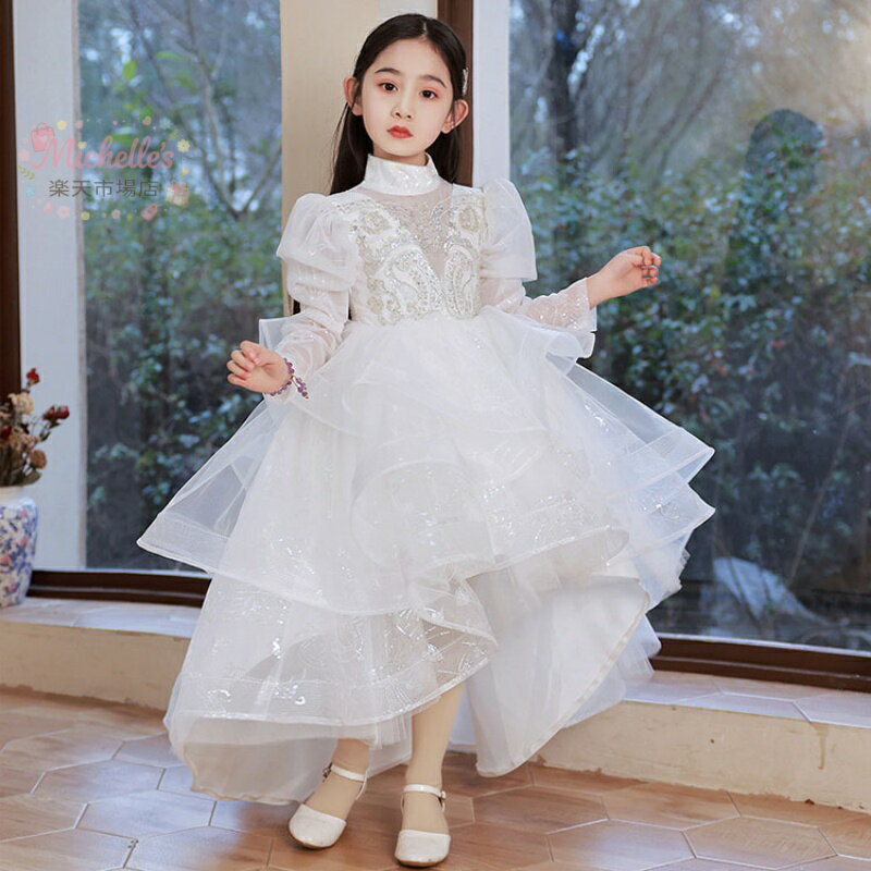樂天商城 - ピアノ発表会ドレス ロングドレス 白 子供ドレス 立ち襟 フリル プリンセスドレス 女児ドレス 前短後長 オシャレ ホワイトドレス パフスリーブ 長袖 キッズドレス 女の子 シャンパン色 演奏会ドレス キレイめ 4タイプ 100~160cm