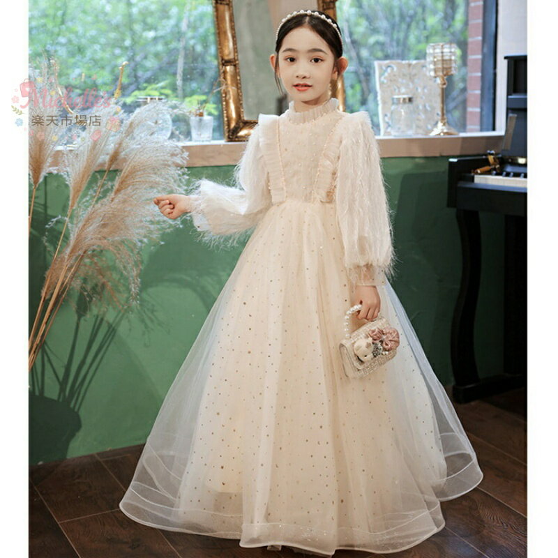 樂天商城 - 子供ドレス ピアノ発表会ドレス ロングドレス シャンパン色 白 ワイン赤 全3色 演奏会ドレス 立ち襟 女児ドレス 裏起毛 厚手 暖か パフスリーブ 長袖 女の子ドレス キッズドレス 100~160cm