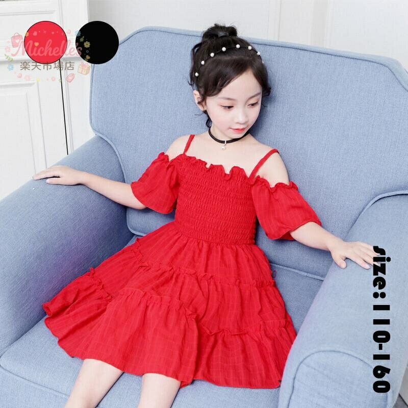 樂天商城 - シフォンワンピース 韓国子供服 子供ドレス サロペット オフショルダー ロング丈 夏 半袖 リゾート 女の子 Aライン フレアスカート おしゃれ 子ども服 カジュアル 可愛い ジュニア服 結婚式 通学 卒園式/入学式/パーティ 110-160cm レッド ブラック