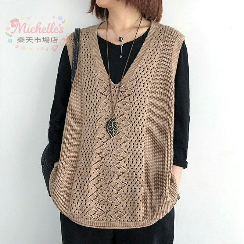 樂天商城 - ニットベスト レディース チョッキ トップス Vネック 薄手 ゆったり プルオーバー ベスト ジレー セーター 無地 秋コーデ 重ね着 体型カバー