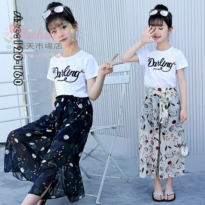 樂天商城 - 韓国子供服 セットアップ 夏 女の子 花柄 カジュアル ナチュラル 半袖 シフォンズボン ガウチョパンツ 七分丈パンツ プリント 可愛い きれいめ ビーチ 卒園式/入学式/パーティ オフホワイト ネイビー
