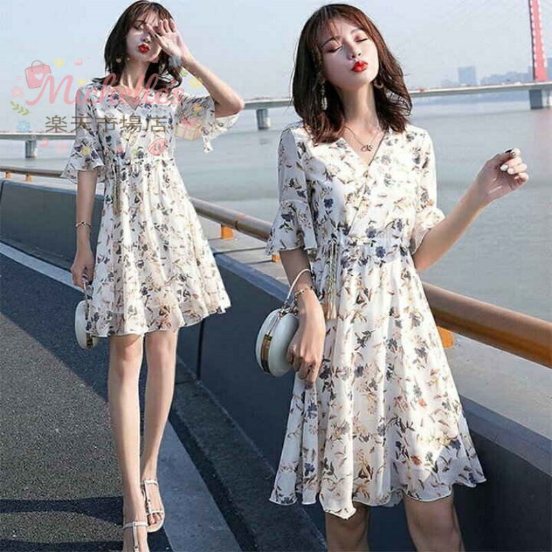 樂天商城 - レディース ワンピース キレイめ シフォンワンピ オシャレ ロング丈ワンピ ワンピース Vネックワンピース 通勤 膝丈ワンピース 夏 半袖 花柄