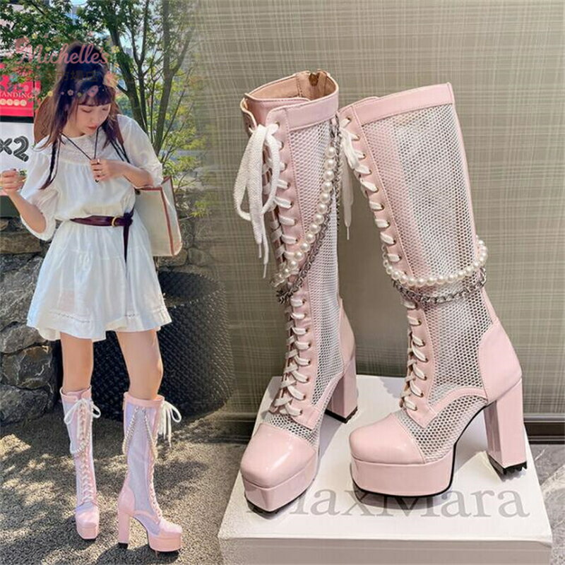 サマーブーツブーツサンダル厚底サンダルロングブーツ編み上げブーツサンダルブーツシースルー11.5センチヒール透かしレディース靴夏ブーツ 疲れない靴 サマーブーツ