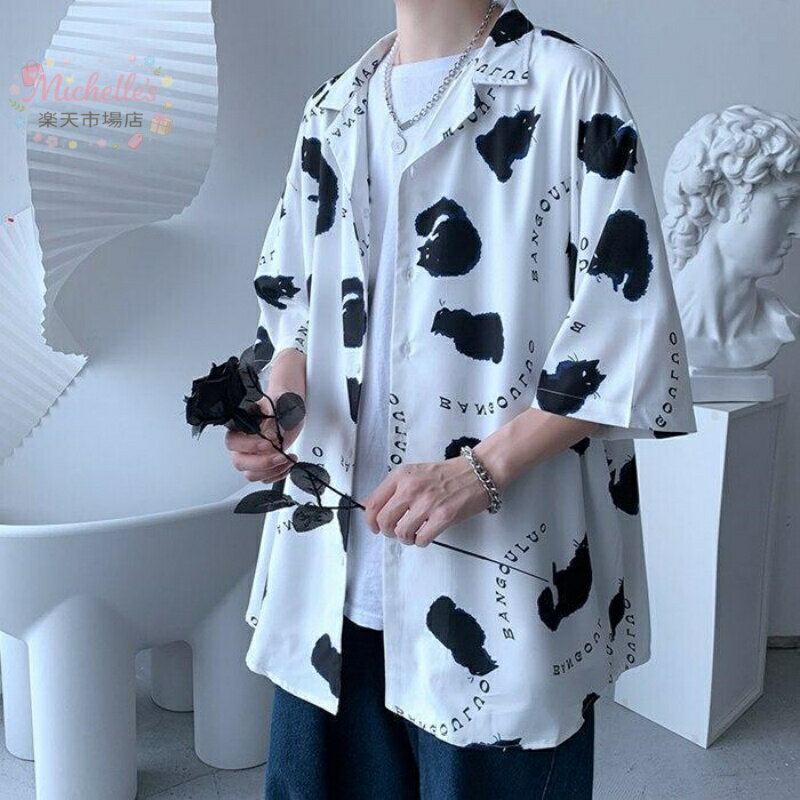 乐天商城 - シャツ トップス メンズ 半袖シャツ 猫柄 開襟シャツ メンズシャツ カジュアルシャツ 夏 オシャレ カジュアル 紳士 メンズファッション