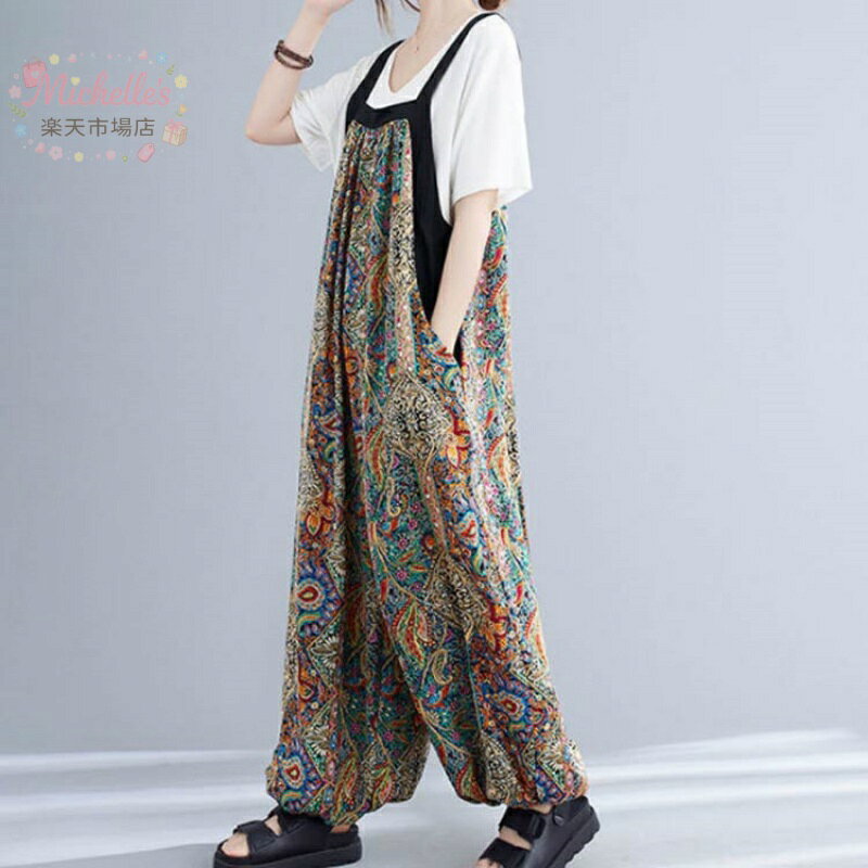 【楽天スーパーSALE】サロペット 花柄 体型カバー 総柄 ワイド ワイドパンツ スクエアネック レディース 細見え 大きいサイズ 春 オールインワン 秋 マタニティ ゆったり 夏 きれいめ おしゃれ 20代 30代 40代 michelles-store-10008852 michelles楽天市場店 サンプル画像3