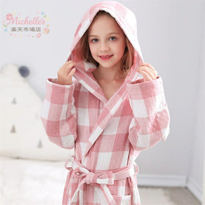 michelles楽天市場店のキッズ 子供 親子 綿 フード付き チェック柄 三層ガーゼ レディース 新作 ギンガムチェック ルームウエア ネグリジェ バスローブ コットンパジャマ 長袖 甚平 パジャマ お風呂 寝巻き ウエストリボン 男の子 女の子 男女兼用 春 秋 冬 寝間着 部屋着 快適 通気｜アングル3