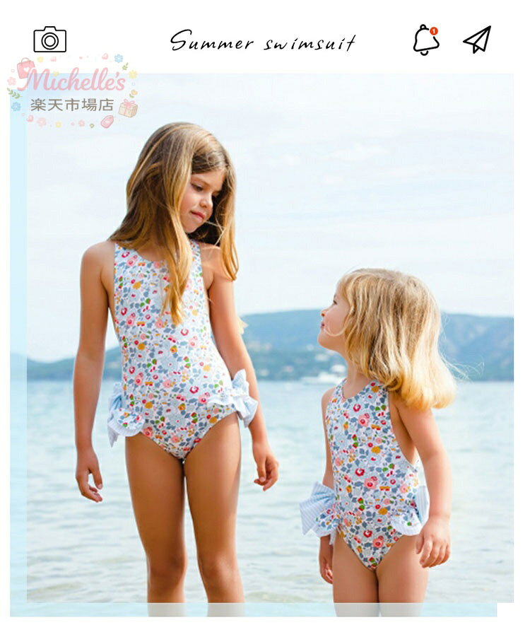 michelles楽天市場店のキッズ 子供 水着 女の子 ワンピース キッズ水着 花柄 90 100 110 120 ベビー水着 幼稚園 女児 ガールズ 水遊び プール 海 体型カバー 可愛い お洒落 スイミング 練習 旅行 水遊び 欧米風｜アングル2