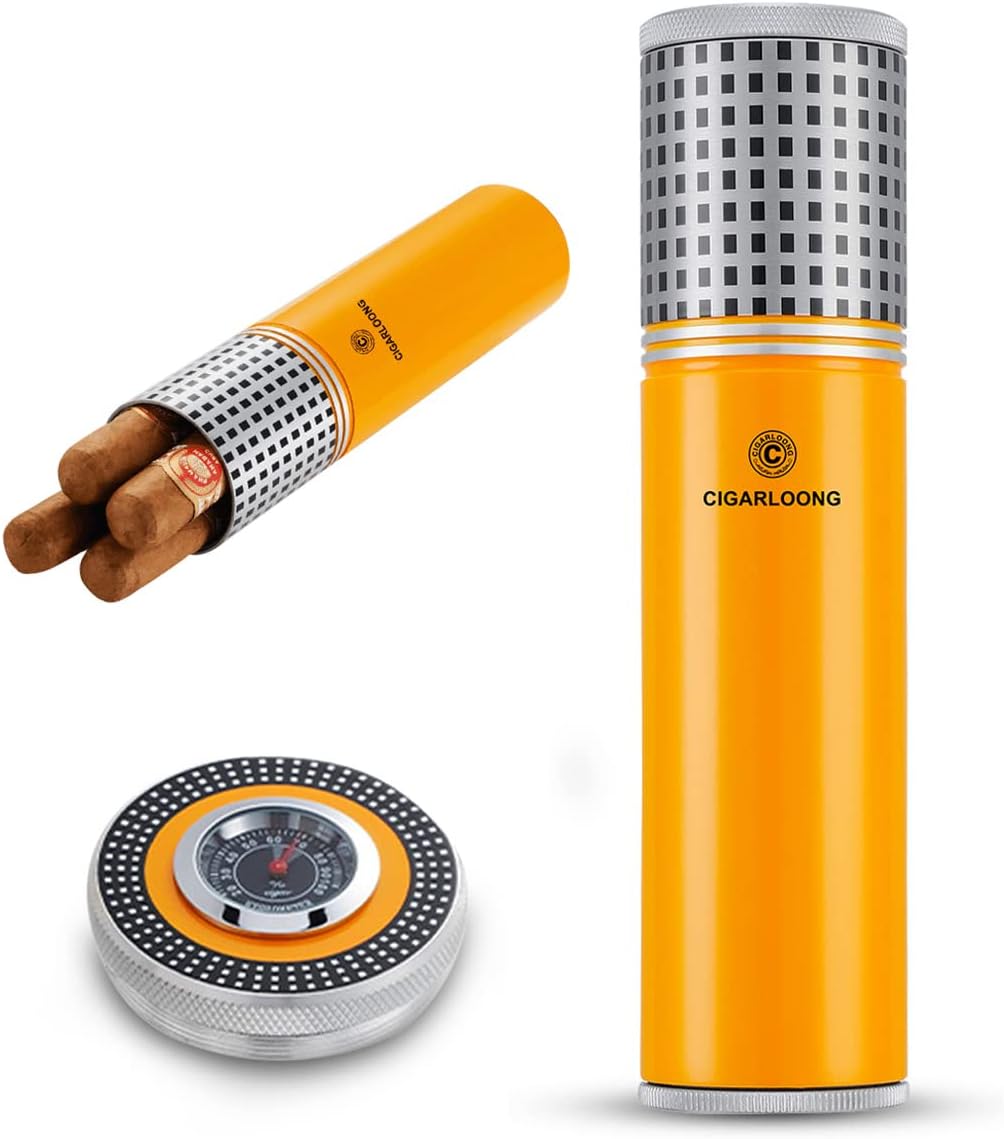 （成功人士専用）シガーチューブヒュミドール 湿度計付き ステンレススチール ポータブル 旅行用 シガ..