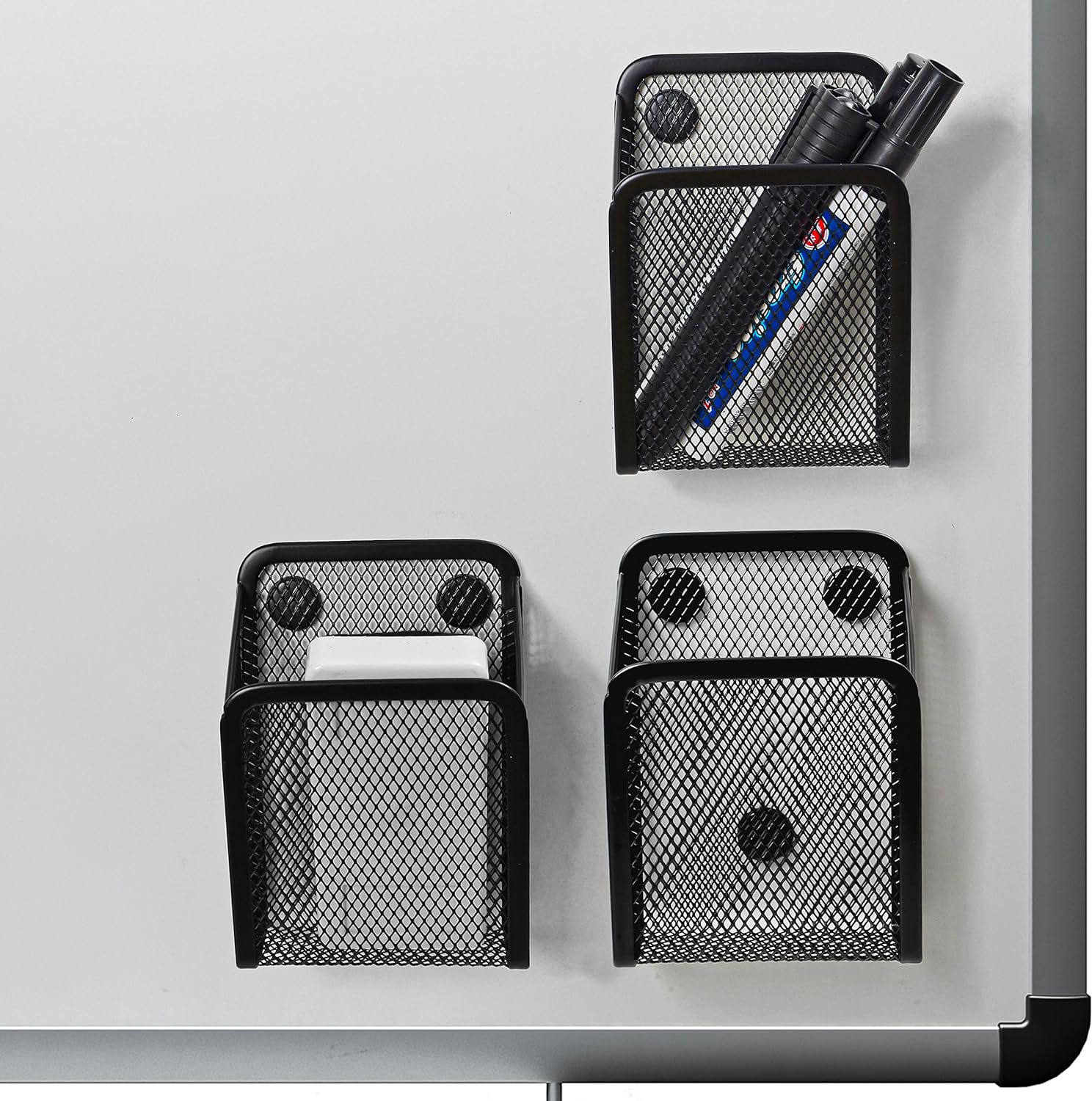 マグネットポケット ペン立て マグネット ペンホルダー 鉛筆立て ペンスタンド マグネット 収納 冷蔵庫 マグネット 収納 収納ボックス メッシュ 小物収納 マグネットラック 壁掛け 磁石付き オフィス整理用品 黒 軽量 デスク用 キッチン 冷蔵庫 洗濯機 3点
