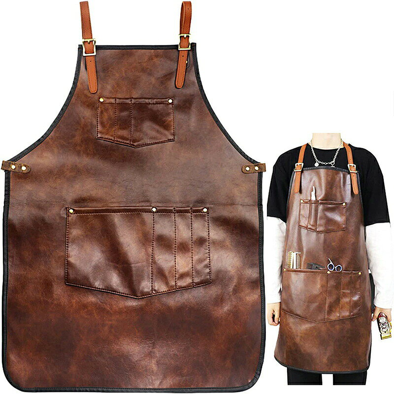 男性用シェフエプロン 女性用防水レザーエプロン クロスバックストラップ ポケット付き キッチンバーベキュー料理 理髪店 手作業 バリスタエプロン