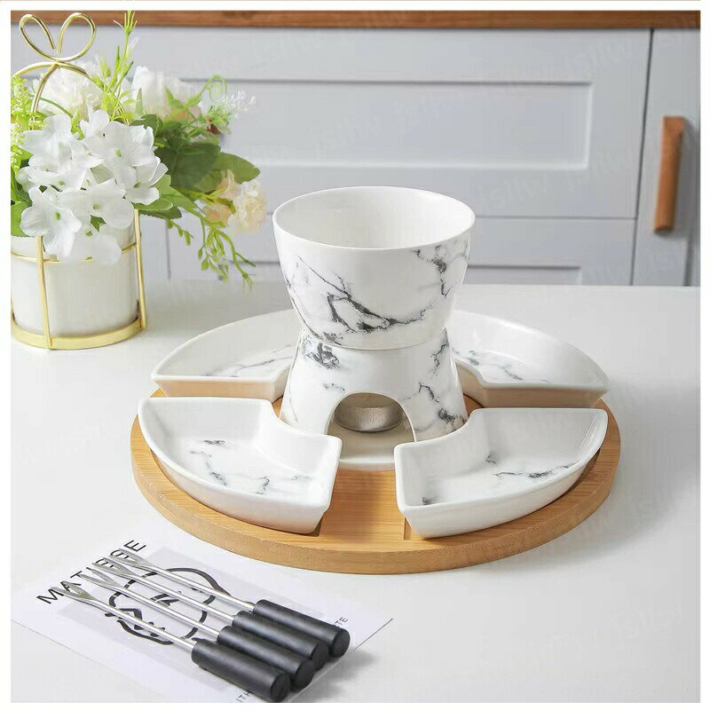 チョコレートフォンデュ マーブル柄 チーズフォンデュ フォンデュセット フォンデュポット セラミックフォンデュセット チョコレート鍋 チーズ鍋 デザートフォンデュ クリスマスパーティーメニュー 電子レンジ対応 食洗機対応 家庭用業務用