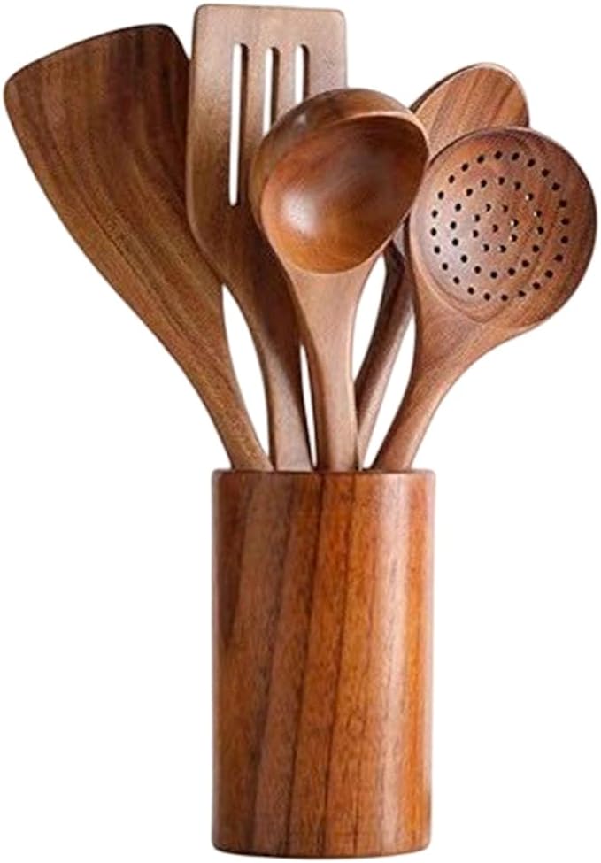 8点セット 木製キッチン 用品セット 木製調理器具セット 調理用具セット 木製調理ツールと収納用木製樽..