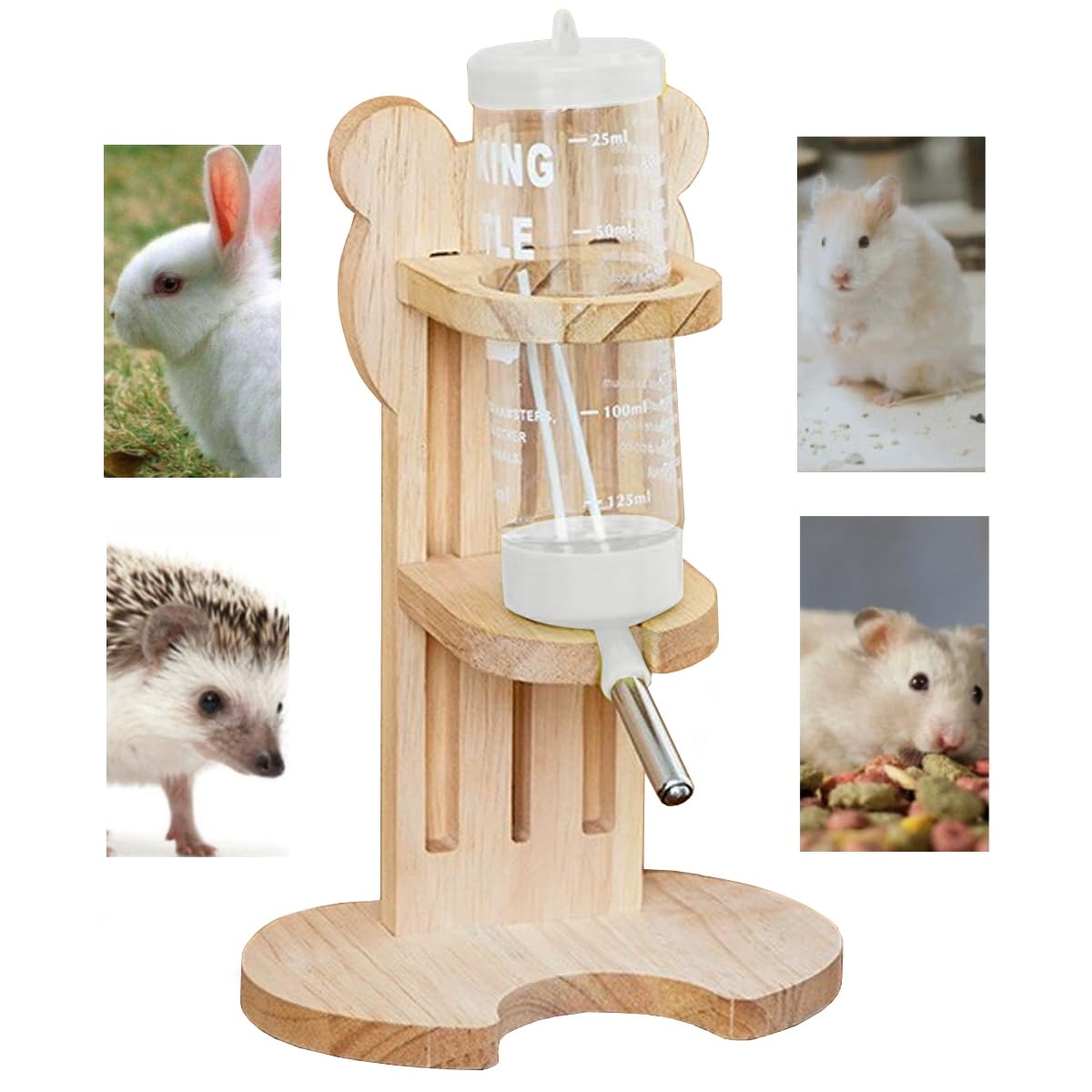 心 ハムスター 水飲み 置き型 木製 固定 80ml 給水器 小動物 ウォーターボトル チンチラ うさぎ ペット..