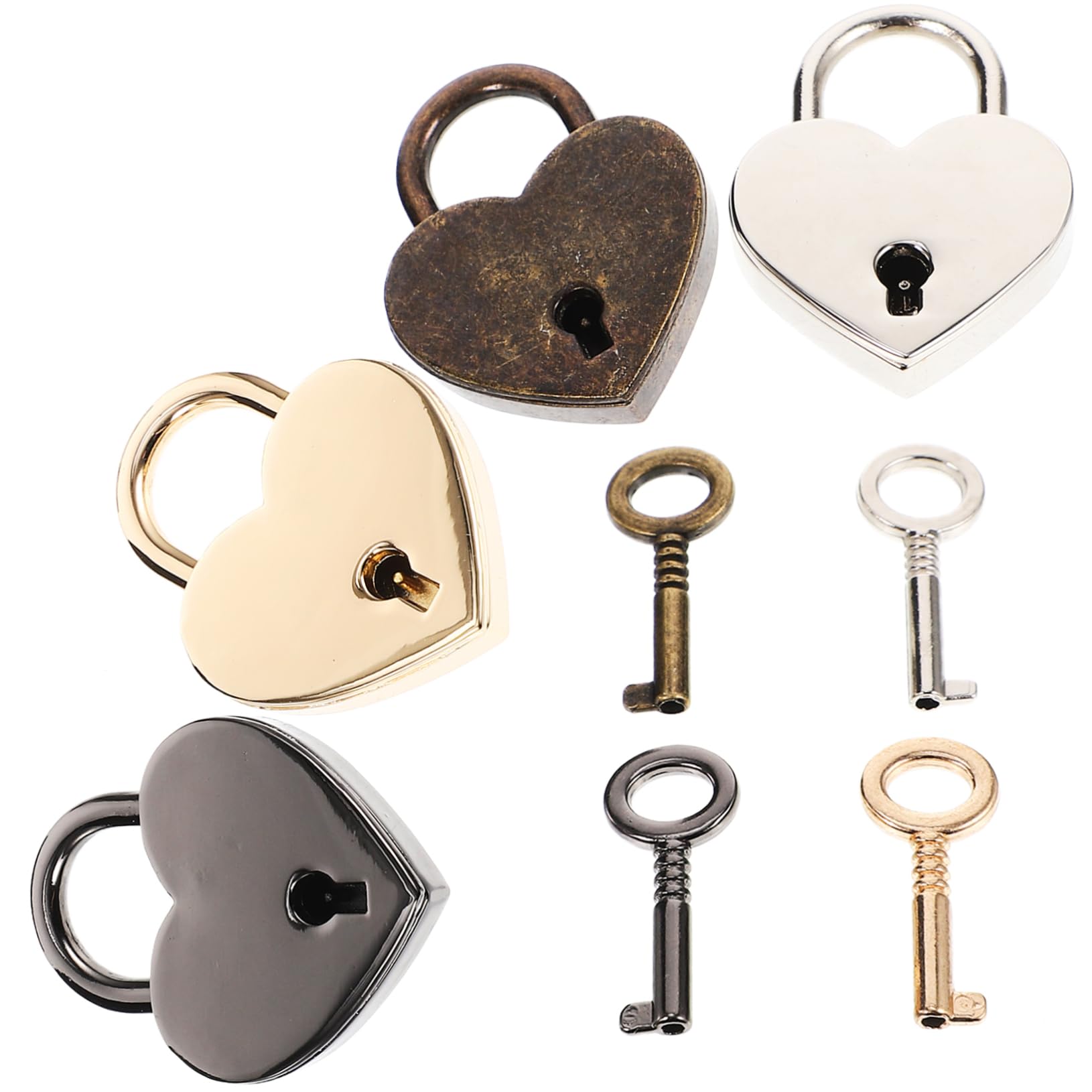 4個ハート型金属南京錠 小型ロック 化粧バッグ 日記帳 宝箱 手荷物用 ロッカー対応 アンティーク調デザイン