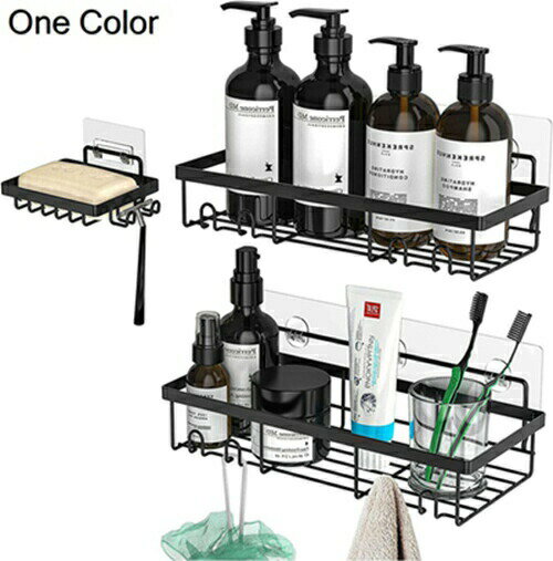 浴室用ラック 強力粘着固定 シャンプーラックステンレス 水切り 風呂場洗面所収納壁掛け棚 石けん皿 収納ラック 3段式 穴あけ不要 キッチンラックトレイラック 小物収納 強力テープ6個付き ブラック 3点セット