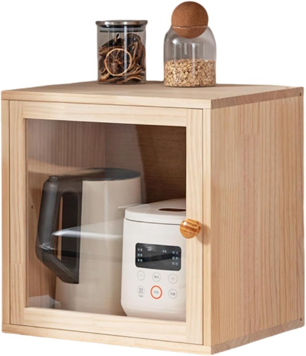Rakuten - 木製 キャビネット デスクトップ 収納 ラック ガラス扉 フラップ扉 おしゃれ 天然木 ミニ食器棚 キッチン収納 スパイスラック 卓上 カウンター上収納 調味料入れ 防塵 整理 棚 コレクションケース 北欧 カフェ風 ナチュラル 完成品 1