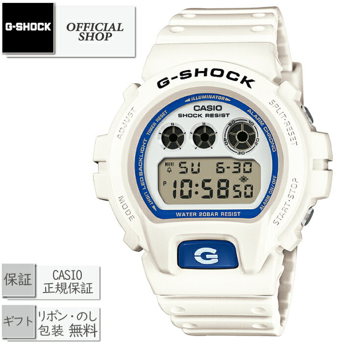 G-SHOCK ジーショック 1983年の発売以来、飽くなき強さを求めて進化を続けるタフネスウオッチG-SHOCKから、人間の潜在能力を暗闇で光る蓄光パーツで表現した、HIDDEN GLOW SERIESです。 夏の海をイメージしたホワイト＆ブルーのカラーリング、夜光虫が放つ幻想的な光を表現したブルー蓄光フェイスを備え、昼と夜で異なる表情を見せるビーチの情景を表現しました。特徴的なダイアルデザインを採用した各モデルの個性を、色と光で引き立てます。 カジュアルスタイルからワークスタイルまでアクセントになるクールなデザインです。 品番 DW-6900HDS-7JF ケースサイズ（H×W×D） 53.2 × 50.0 × 18.7mm 質量 67g ケース・ベゼル材質 樹脂 バンド 樹脂バンド 構造 耐衝撃構造 防水性 20気圧防水機能 使用電源・電池寿命 クォーツ・電池寿命：約5年 ガラス 無機ガラス バンド装着可能サイズ 145〜205mm ストップウオッチ 1/100秒（0’00’’00〜59’59’’99）、1秒（1:00’00’’〜23:59’59’’）、24時間計、スプリット付き タイマー セット単位：1秒、最大セット：24時間、1秒単位で計測、オートリピート アラーム/時報 マルチアラーム・時報 報音フラッシュ機能 アラーム／時報／タイマー連動発光 ライト LEDバックライト（スーパーイルミネーター、残照機能付き） ライトカラー LED：ホワイト カレンダー フルオートカレンダー 精度 平均月差：±15秒 その他機能 12/24時間制表示切替 保証 メーカー1年保証