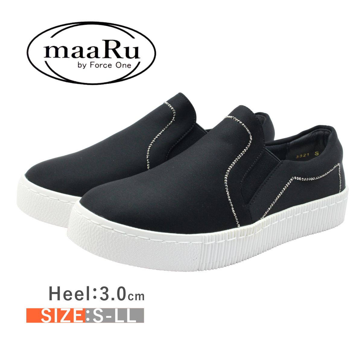 maaRu マアル レディース スニーカー スリッポン 3321 サイドゴア ラインストーン 歩きやすい 靴 黒 ブラック