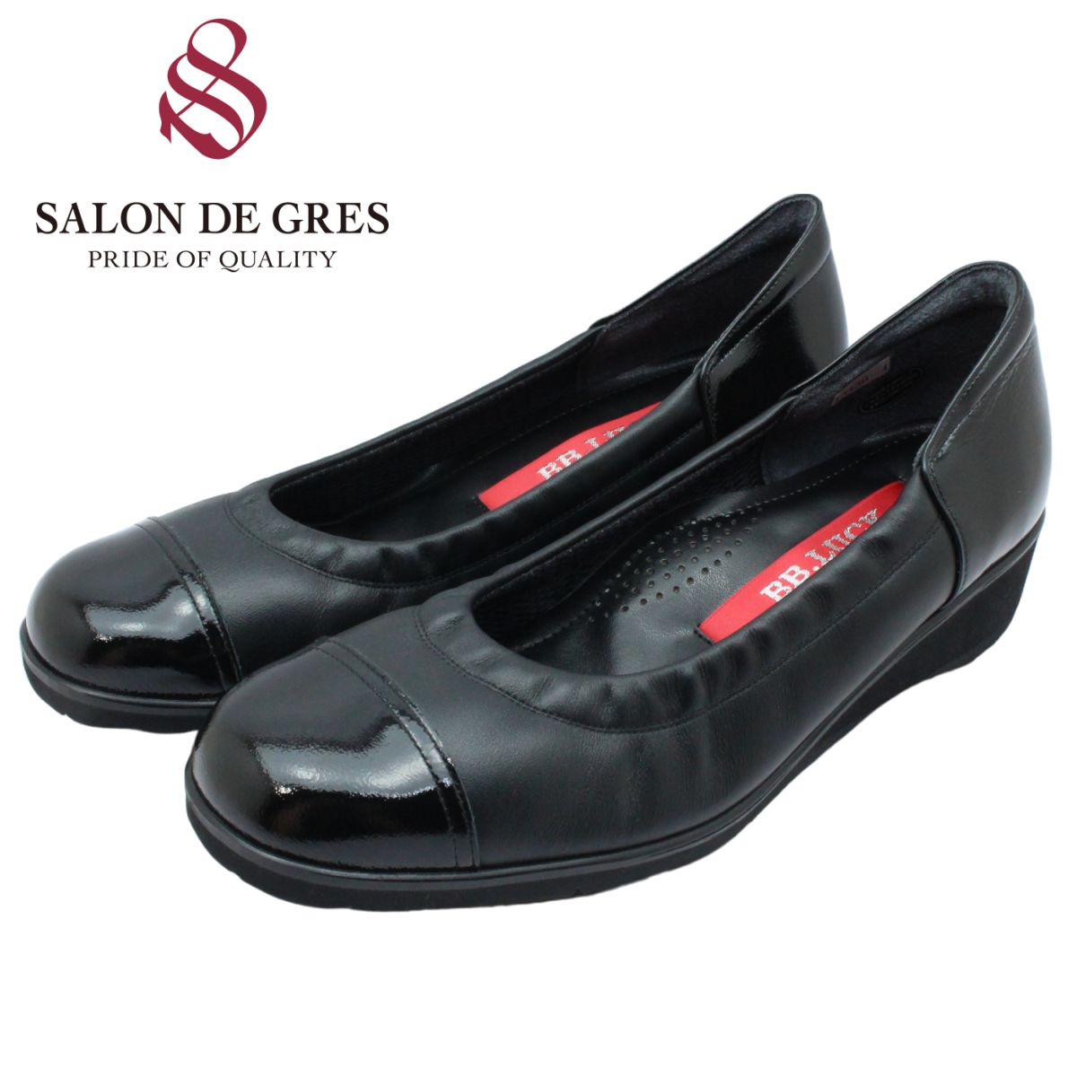 BB.LUCK ビービーラック レディース バレエシューズ 13450 カジュアル パンプス 幅広3E 本革 靴 日本製 ブラックスムース シンプルながら存在感のあるエナメルコンビデザインが足元をエレガントな印象に。 履き口にシャーリングゴ...