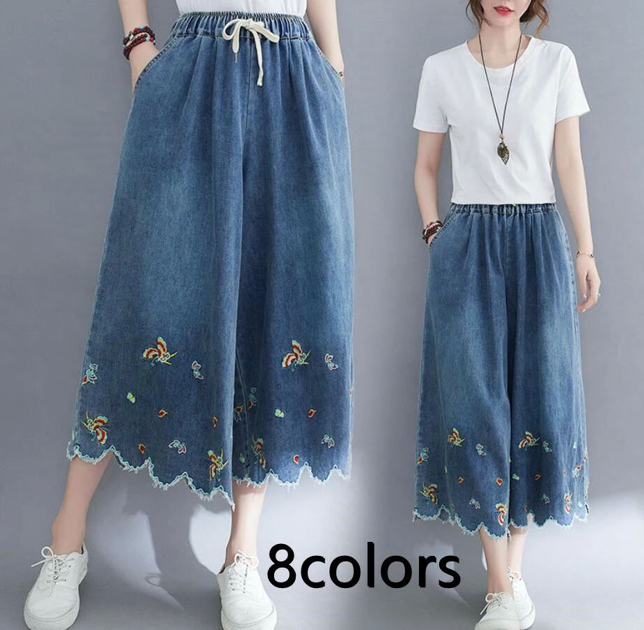 夏 春 体型カバー イージーパンツ フレアパンツ ガウチョパンツ バギーパンツ 刺? デニム スカーチョ ワイドパンツ レディース