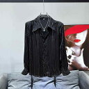 パフ 紳士服 シースルー ストライプ 透け感 重厚 カジュアル 衣装 ステージ K-POP 韓国 ブラック 黒 シャツ ハイエンド メンズ