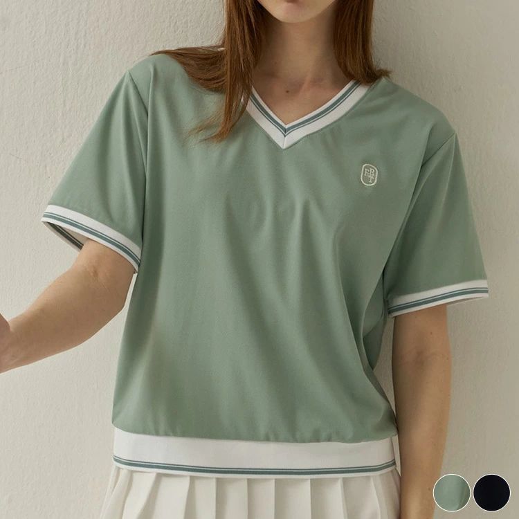 ネイ 紺 バイカラー グリーン ミント Tシャツ Vネック 涼しい 春夏 春 夏 涼感 冷感素材 半袖 Tシャツ 韓国 トップス レディース