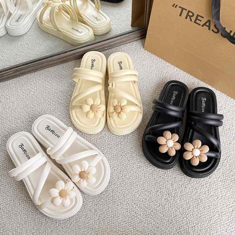 フラットソー ワンストラップ 一字型 かわいい フェアリー風 エレガント おしゃれ 滑り止め 防滑 厚底 PVC素材 花柄 レディース