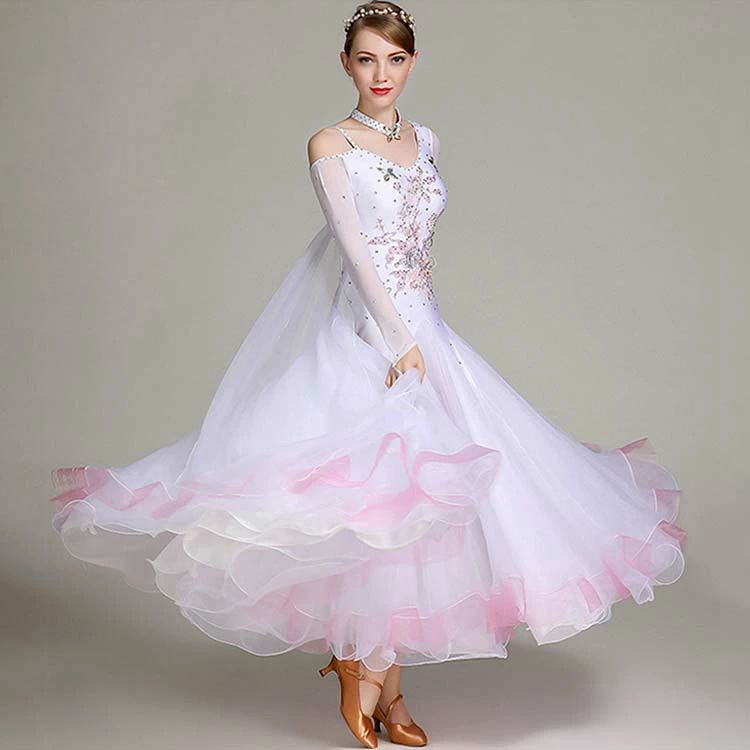 白ピン ラインストーン 競技着 レッスン着 キラキラインターナショナルダンス衣装 練習服 ラテンワルツドレス 発表会舞台演出服